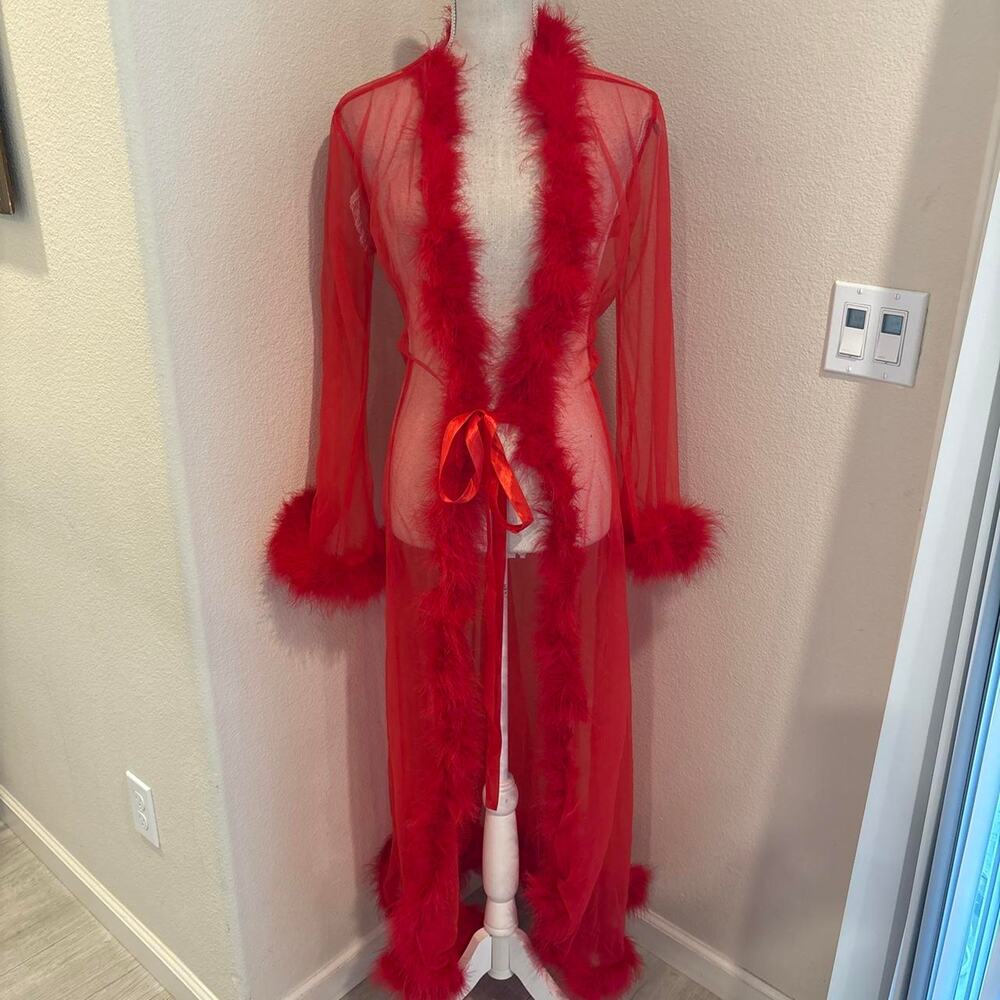 Red sheer nylon robe with feather trim and tie waist. One size